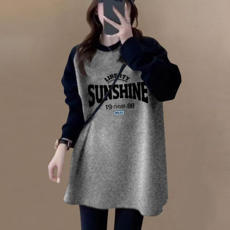 長版拼色磨毛上衣 寬鬆顯瘦 加厚保暖 搭配鯊魚褲超好看