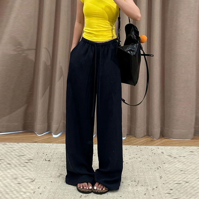 藏青亞麻混紡涼感寬褲 夏季高腰 垂墜感 直筒寬鬆 顯瘦長褲