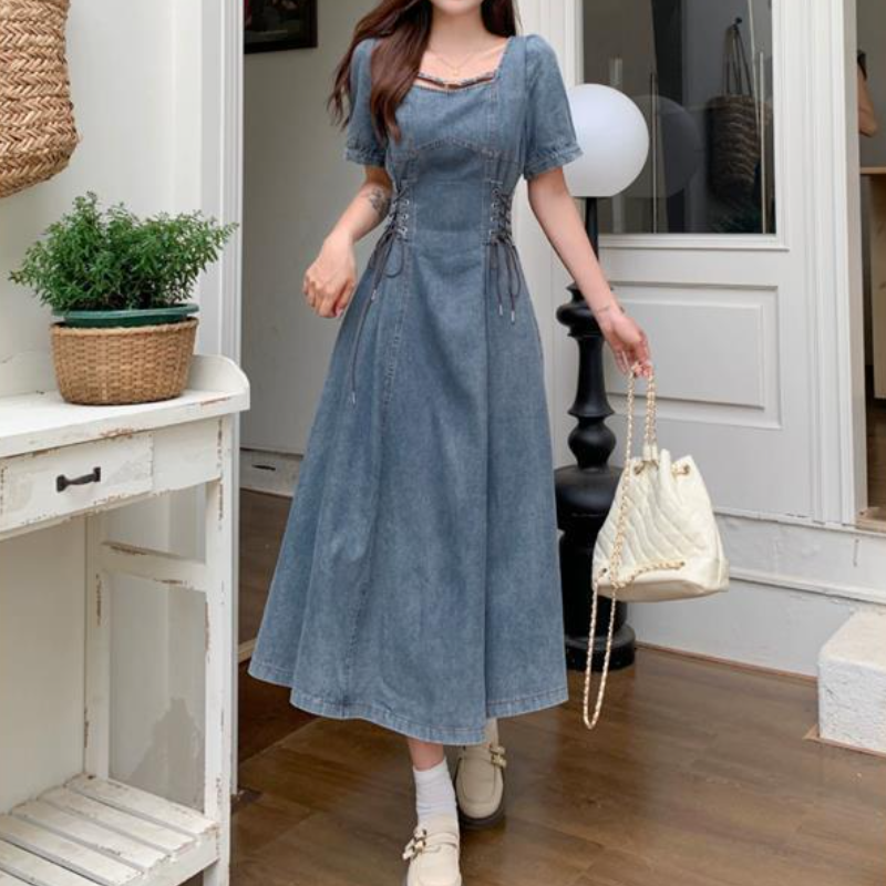 大尺碼法式復古牛仔洋裝｜側綁帶束腰 方領 收腰顯瘦（短版/長版可選）