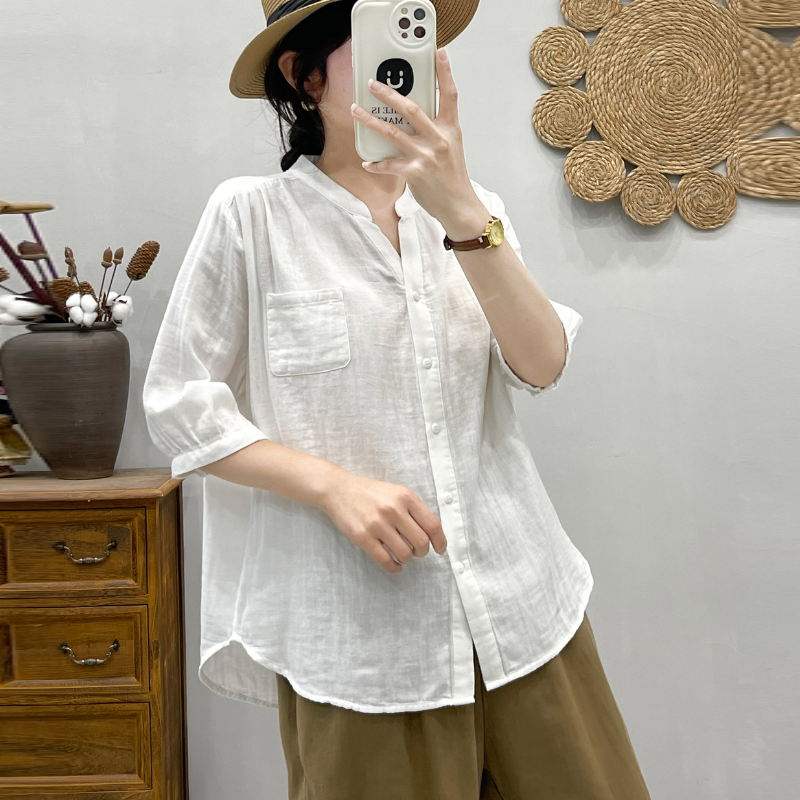 碎花雙層棉紗襯衫 中袖設計 寬鬆舒適 文青風上衣