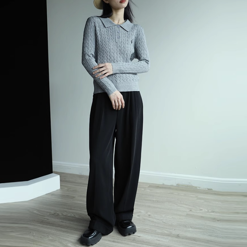 復古灰色翻領刺繡針織衫 通勤麻花毛衣顯瘦上衣