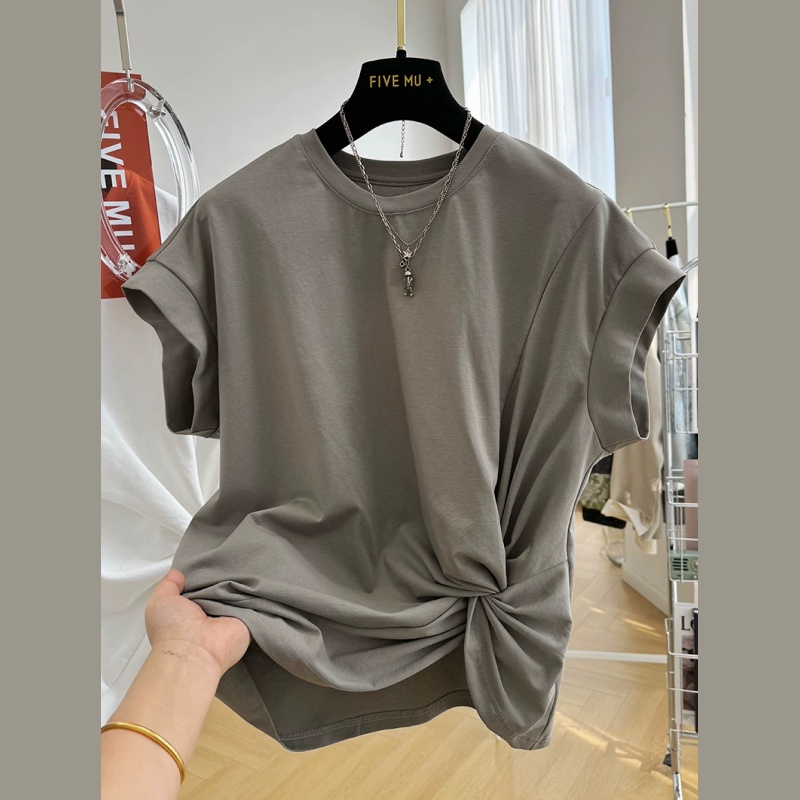 設計感純棉獨特褶皺不規則圓領短袖T恤 半袖上衣