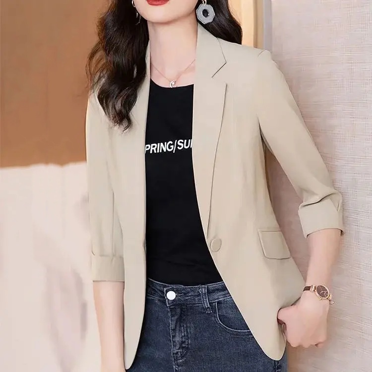 Korea正韓薄款西裝外套 七分袖 修身休閒短版西服上衣