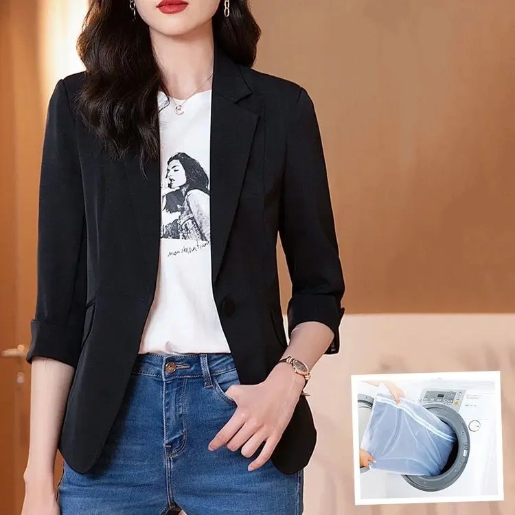 Korea正韓薄款西裝外套 七分袖 修身休閒短版西服上衣