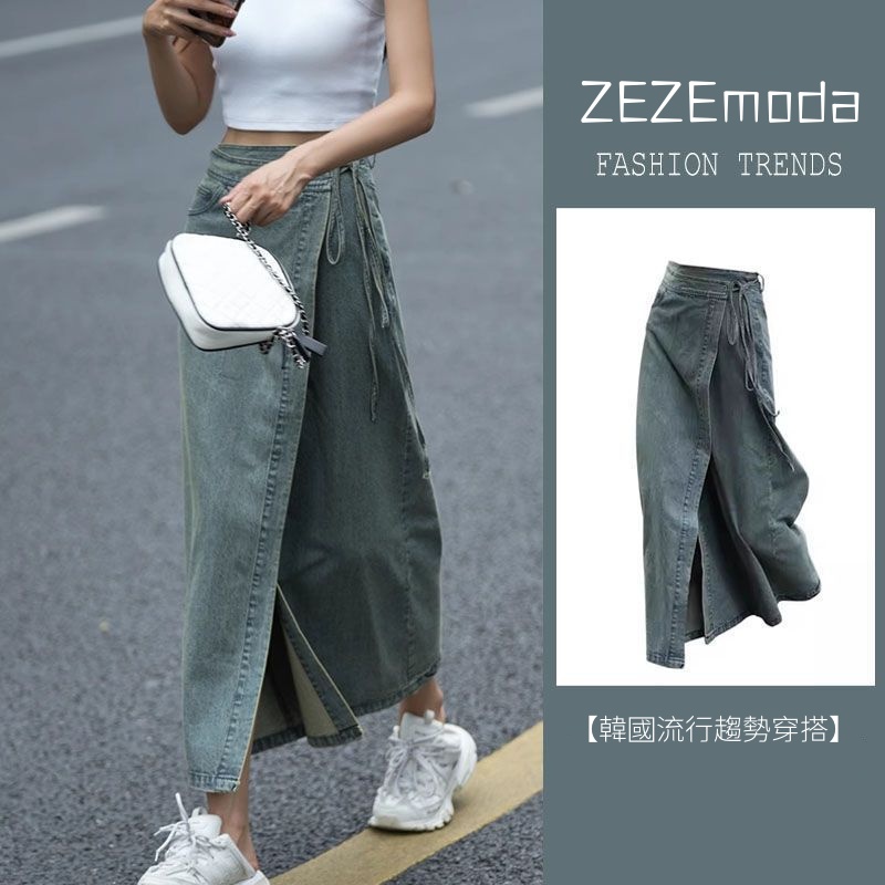 設計感復古綁帶一片式牛仔半身裙