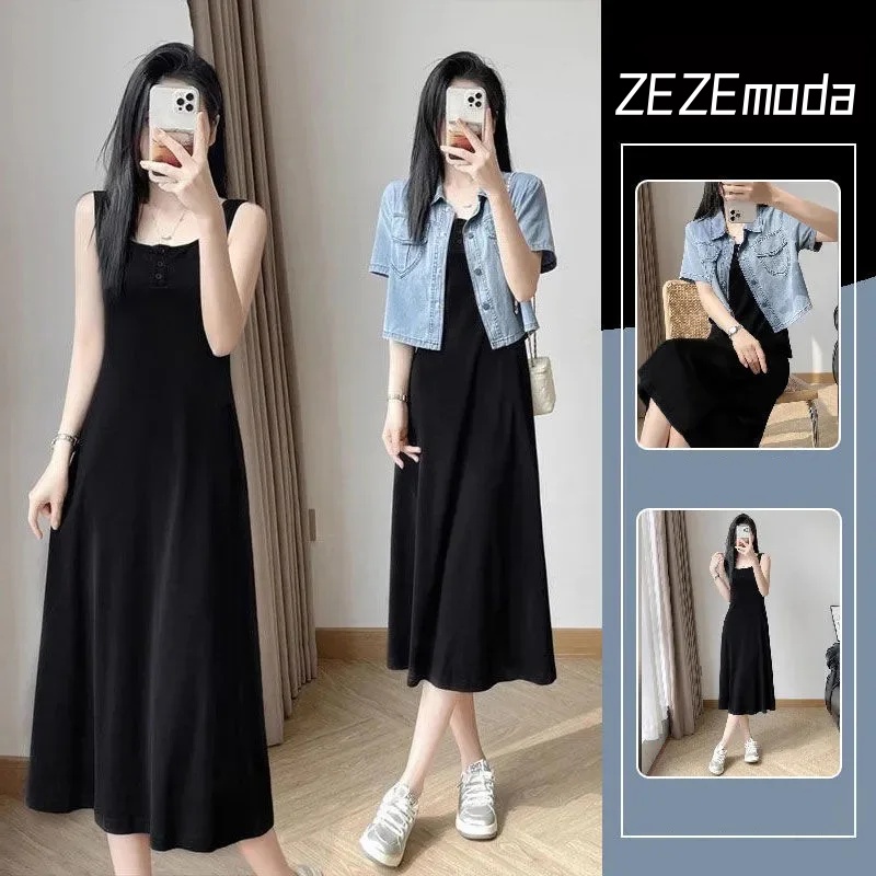 【單品可選】韓版時尚簡約牛仔短袖上衣外套+背心長款連身裙洋裝套裝