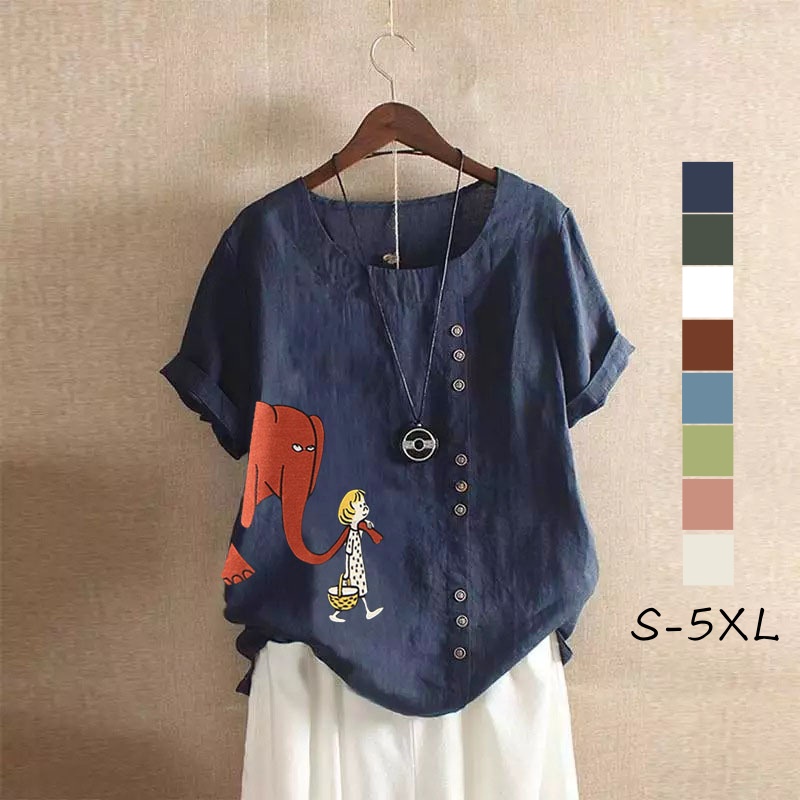 8色卡通文藝復古印花棉麻大尺寸T恤 休閒寬鬆短袖