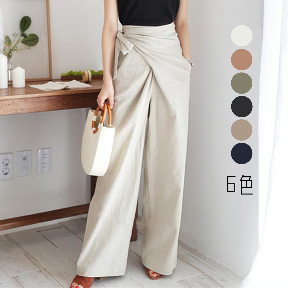 6色任選 韓國chic風高腰綁帶休閒時尚寬褲