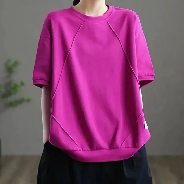 簡約素色圓領上衣-寬鬆顯瘦設計感短袖T恤 夏季百搭必備