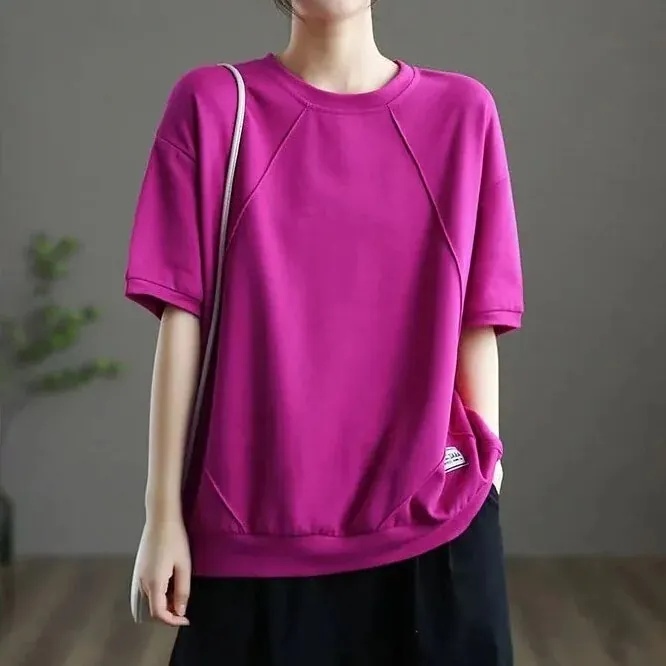 簡約素色圓領上衣-寬鬆顯瘦設計感短袖T恤 夏季百搭必備