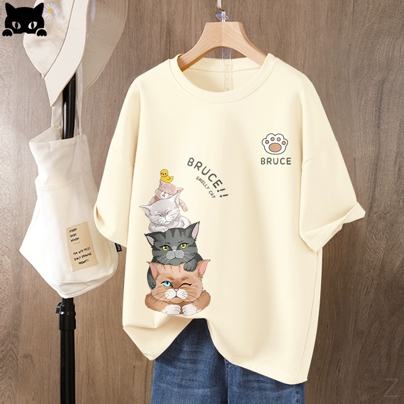 純棉萌貓印花短袖上衣-夏季寬鬆好搭 輕鬆休閒風