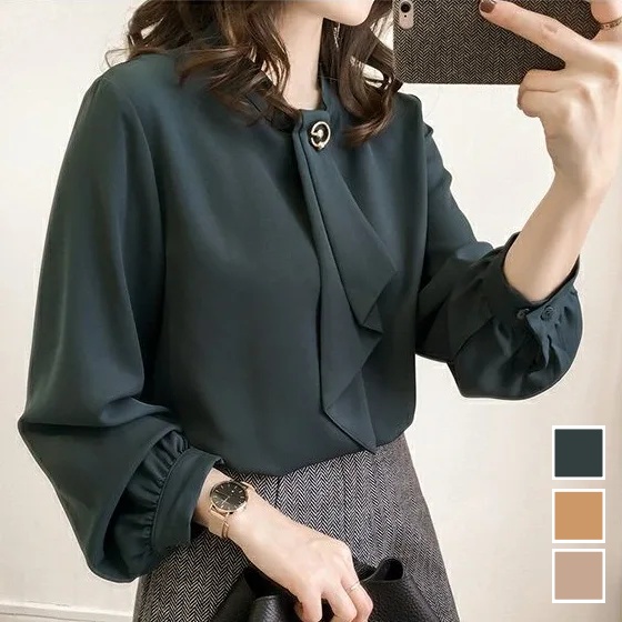 韓版燈籠袖氣質優雅襯衫-秋季通勤純色寬鬆大尺碼長袖上衣