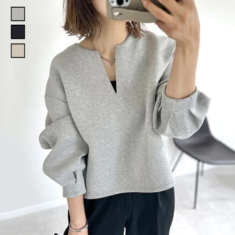 3色樂天日系寬鬆V領燈籠袖上衣-秋冬時尚百搭外套