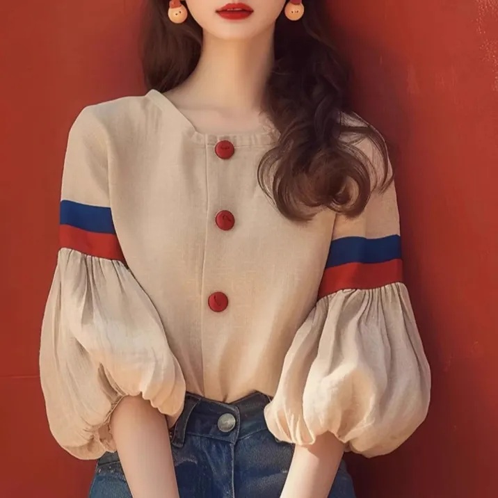 早秋法式設計感燈籠袖襯衫-小眾減齡洋氣杏色上衣