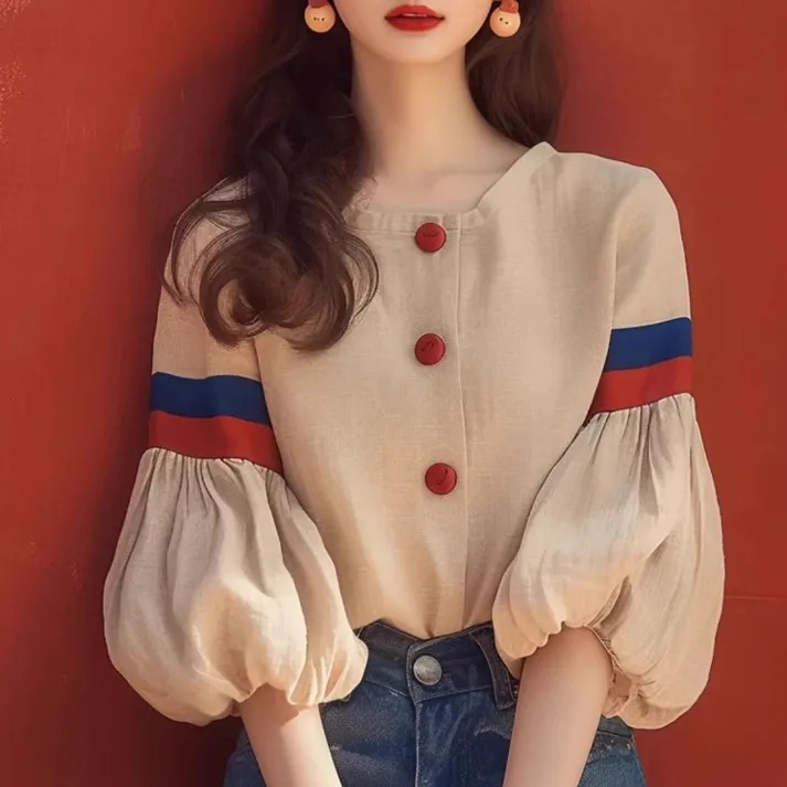 早秋法式設計感燈籠袖襯衫-小眾減齡洋氣杏色上衣