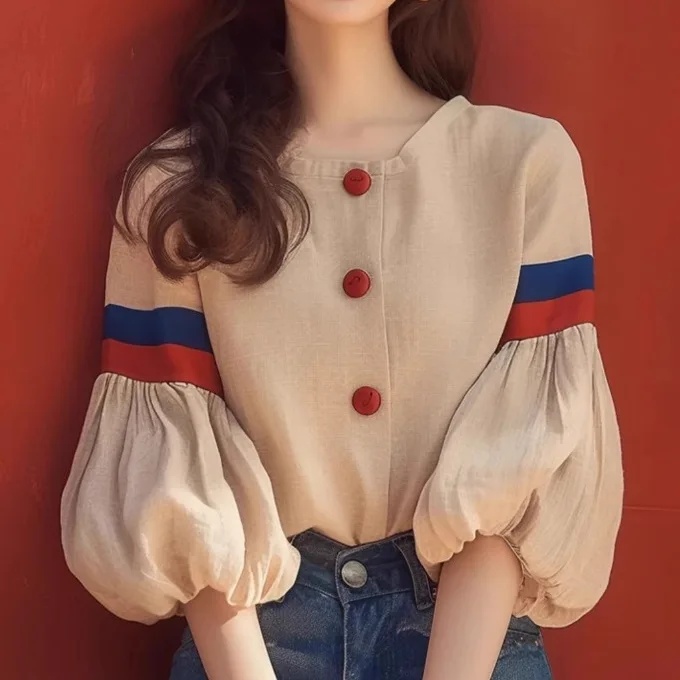 早秋法式設計感燈籠袖襯衫-小眾減齡洋氣杏色上衣