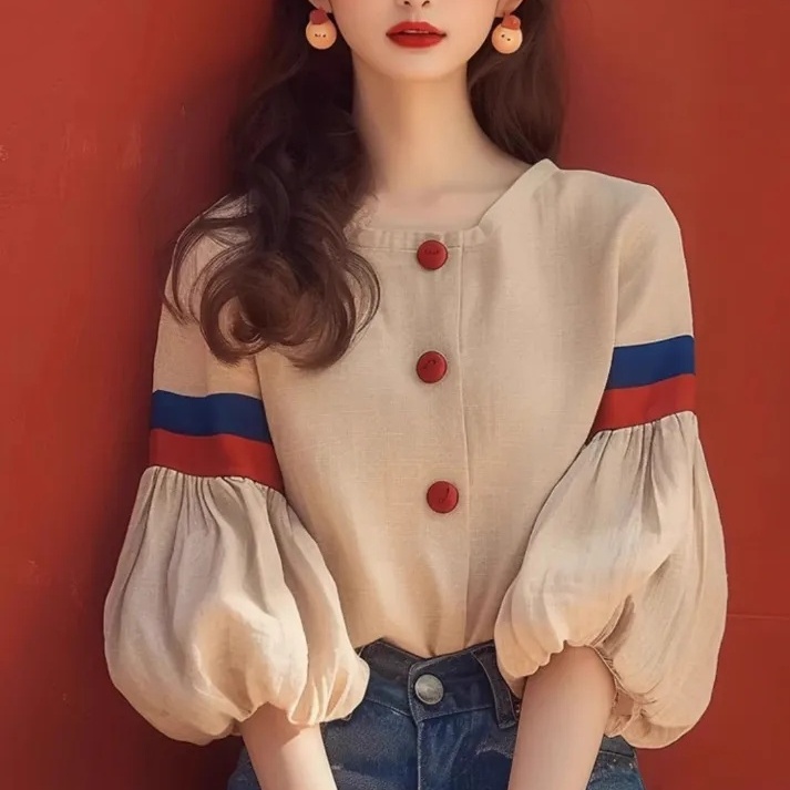 早秋法式設計感燈籠袖襯衫-小眾減齡洋氣杏色上衣