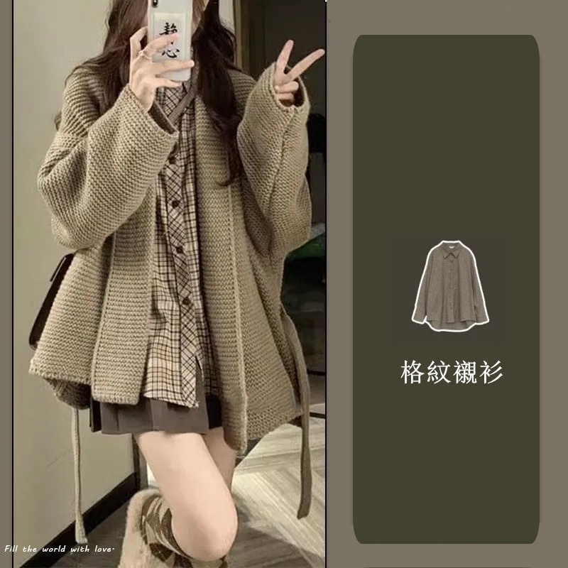 【單品可選】秋季溫柔系穿搭一整套 韓版針織外套襯衫百褶裙三件套