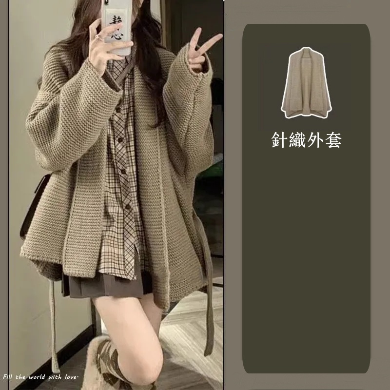 【單品可選】秋季溫柔系穿搭一整套 韓版針織外套襯衫百褶裙三件套