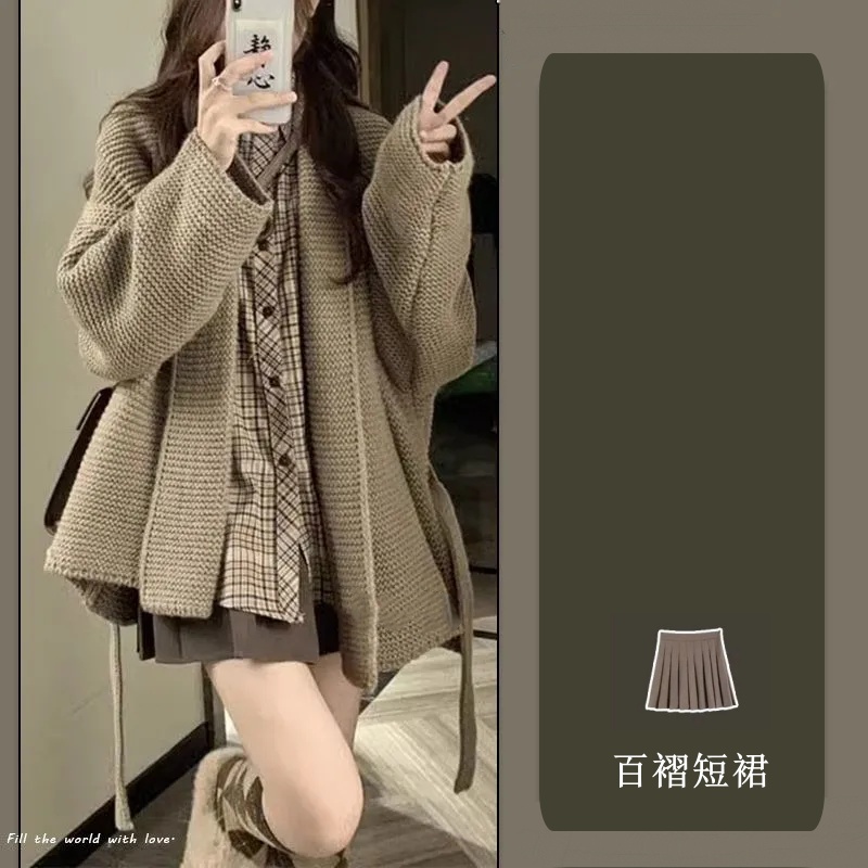 【單品可選】秋季溫柔系穿搭一整套 韓版針織外套襯衫百褶裙三件套