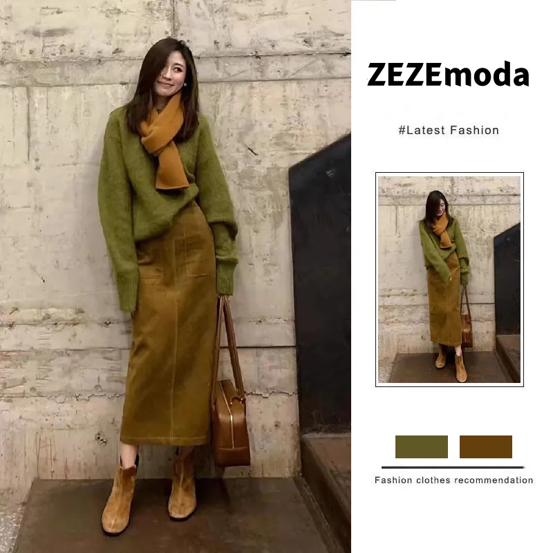 【單品可選】高級感韓系復古毛衣針織上衣+高腰顯瘦半身裙