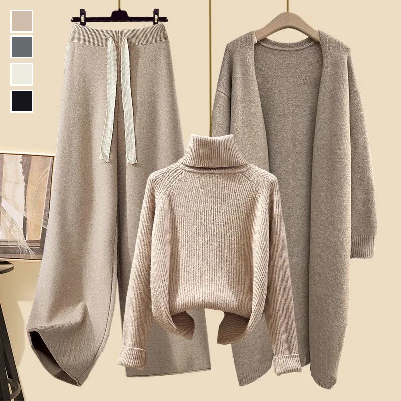 【單品可選】冬季套裝長款針織外套搭配針織毛衣寬褲三件套