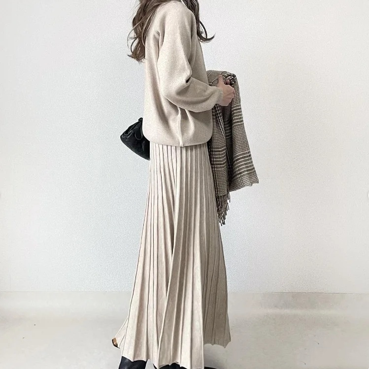 新款套裝寬鬆顯瘦高腰百搭百褶A字裙 素色半身裙兩件套