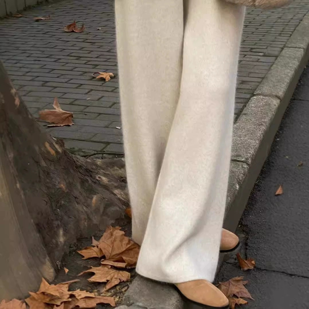 高腰顯瘦超彈羊毛寬褲 休閒拖地針織長褲