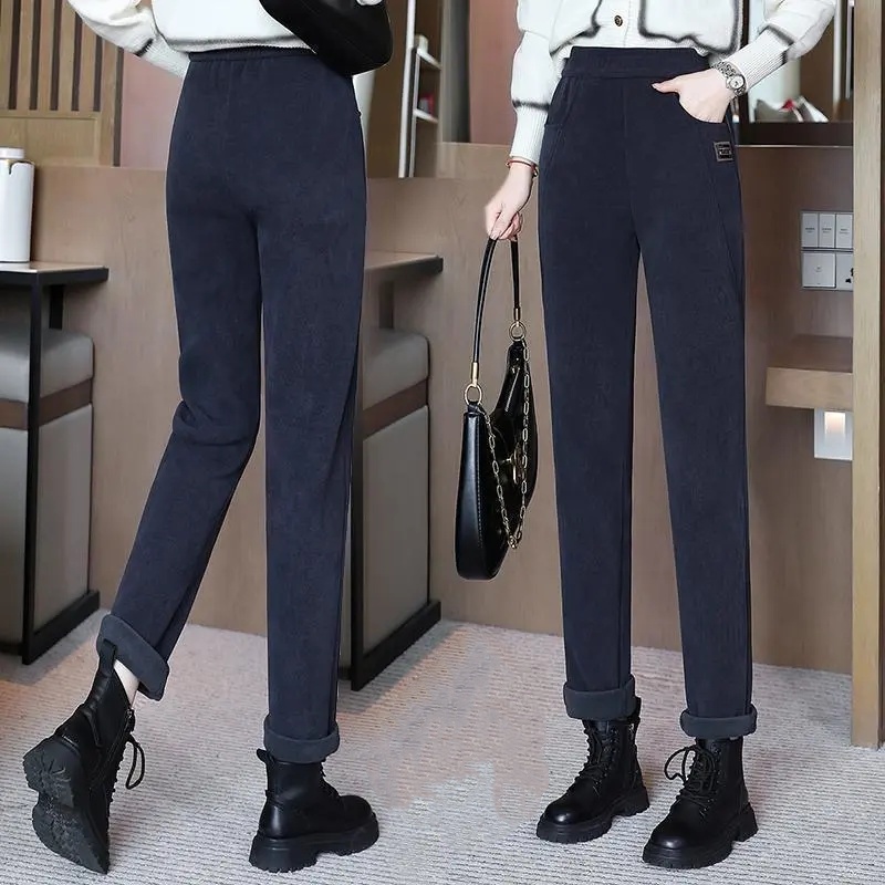 高腰顯瘦刷毛保暖長褲 寬鬆小腳休閒褲