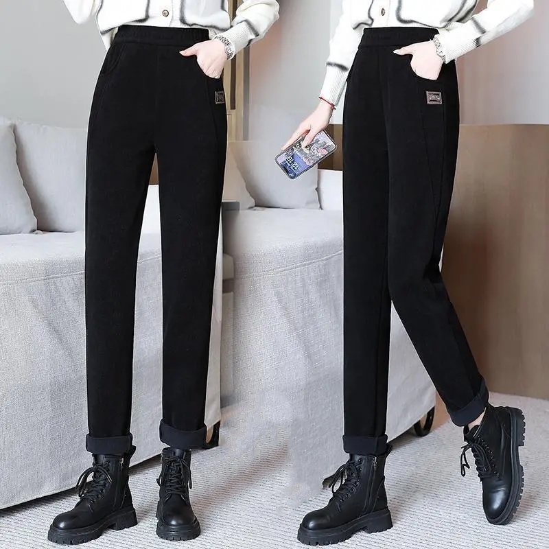 高腰顯瘦刷毛保暖長褲 寬鬆小腳休閒褲