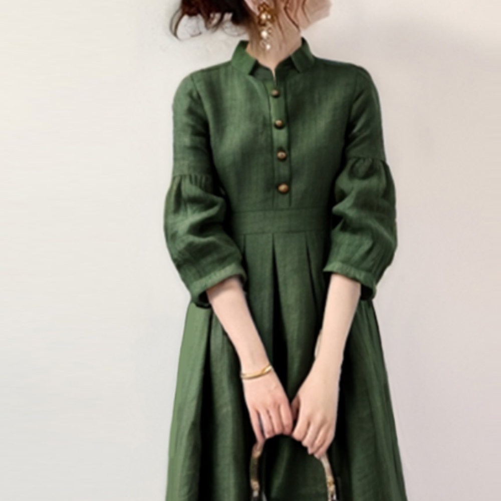 韓國翻領7分袖連身裙 文藝復古高腰素面長洋