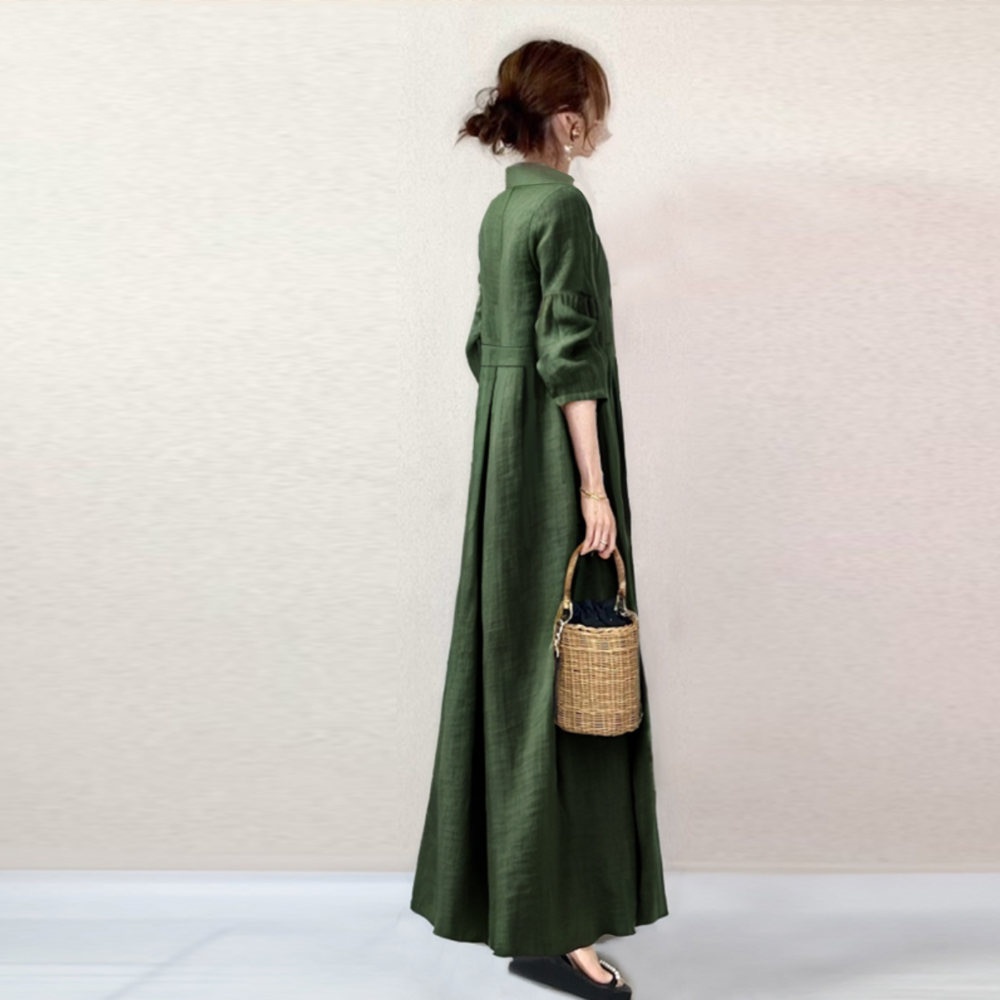 韓國翻領7分袖連身裙 文藝復古高腰素面長洋
