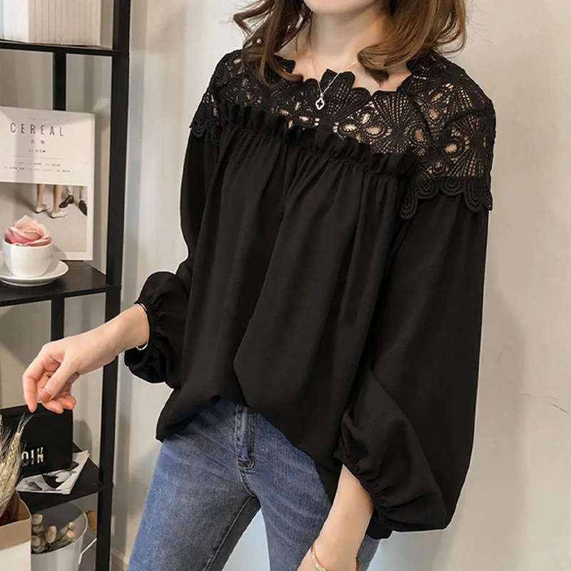 氣質蕾絲鏤空透膚襯衫 韓版大版型寬鬆蝙蝠袖上衣