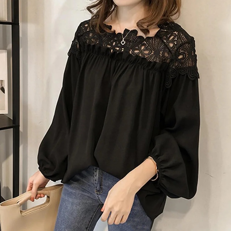 氣質蕾絲鏤空透膚襯衫 韓版大版型寬鬆蝙蝠袖上衣