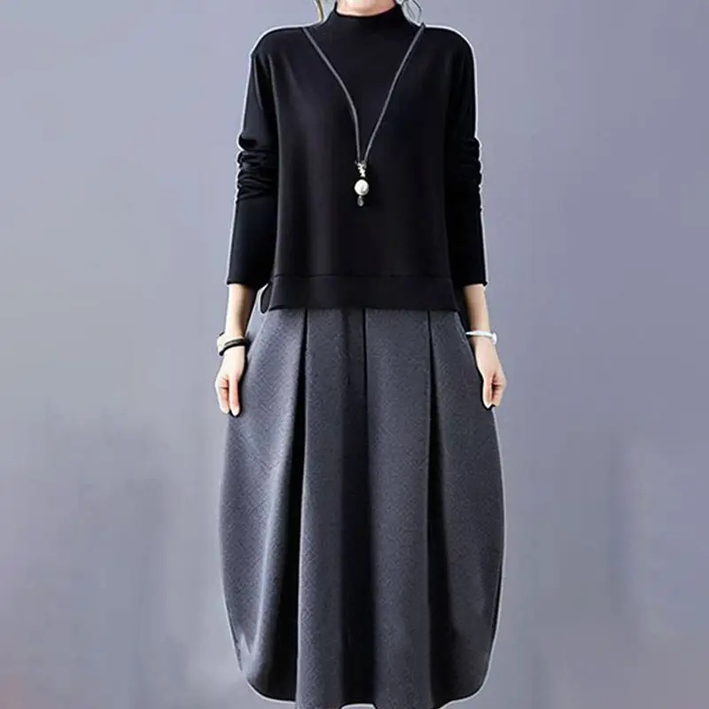 最新發售/優雅連身半高領長袖假兩件素面洋裝 不規則拼接款 春款