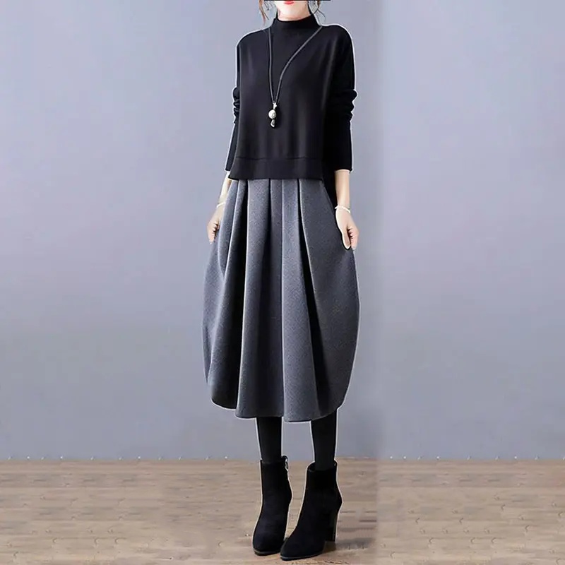 最新發售/優雅連身半高領長袖假兩件素面洋裝 不規則拼接款 春款