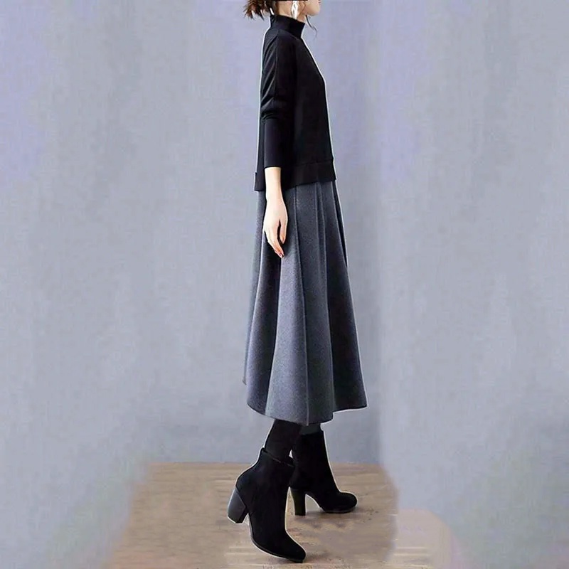 最新發售/優雅連身半高領長袖假兩件素面洋裝 不規則拼接款 春款