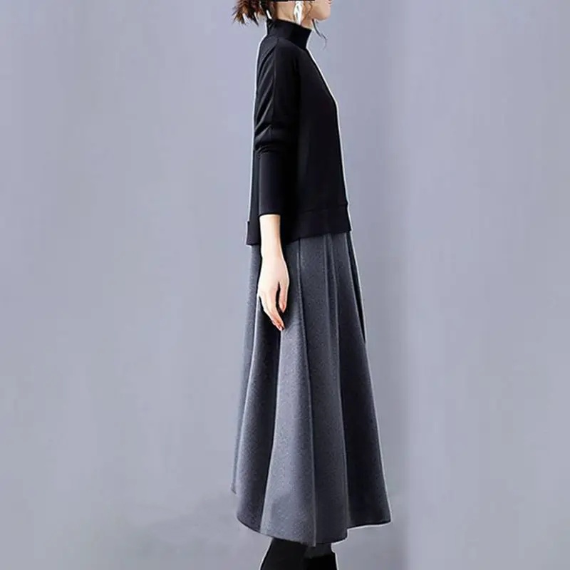 最新發售/優雅連身半高領長袖假兩件素面洋裝 不規則拼接款 春款