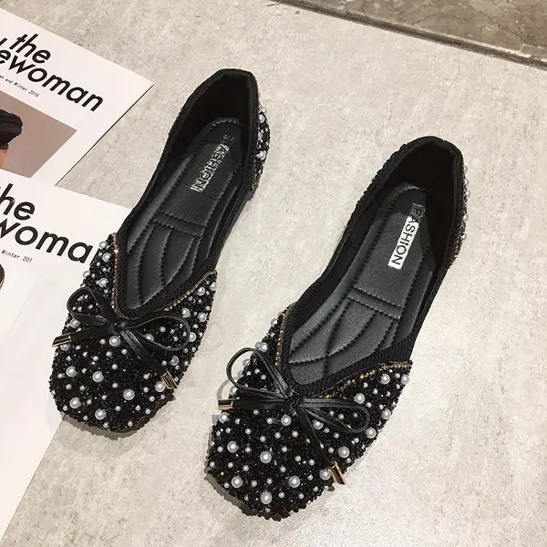 3色 35-43/ 韓版蝴蝶結淺口單鞋 珍珠水鑽平底鞋