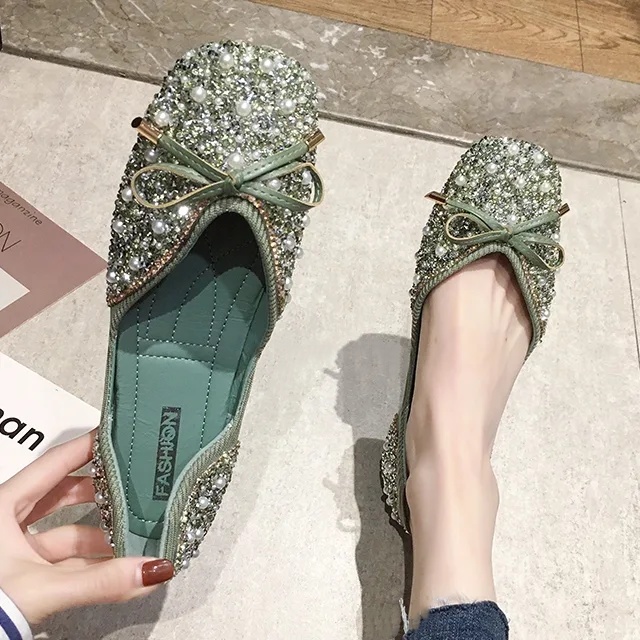 3色 35-43/ 韓版蝴蝶結淺口單鞋 珍珠水鑽平底鞋
