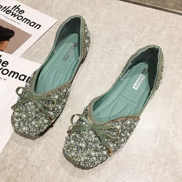 3色 35-43/ 韓版蝴蝶結淺口單鞋 珍珠水鑽平底鞋