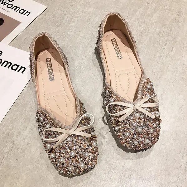 3色 35-43/ 韓版蝴蝶結淺口單鞋 珍珠水鑽平底鞋