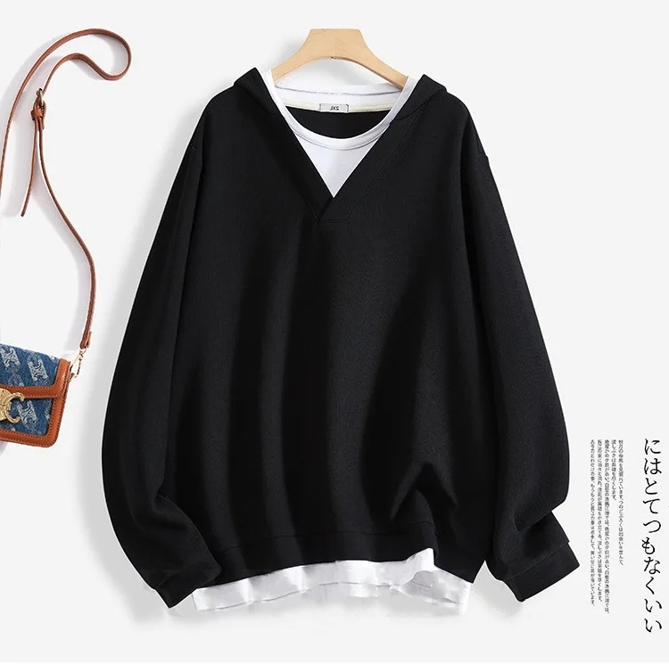 春秋大版型寬鬆遮肉假兩件連帽TEE 中長款百搭長袖