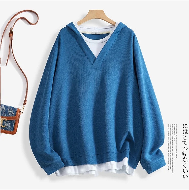 春秋大版型寬鬆遮肉假兩件連帽TEE 中長款百搭長袖