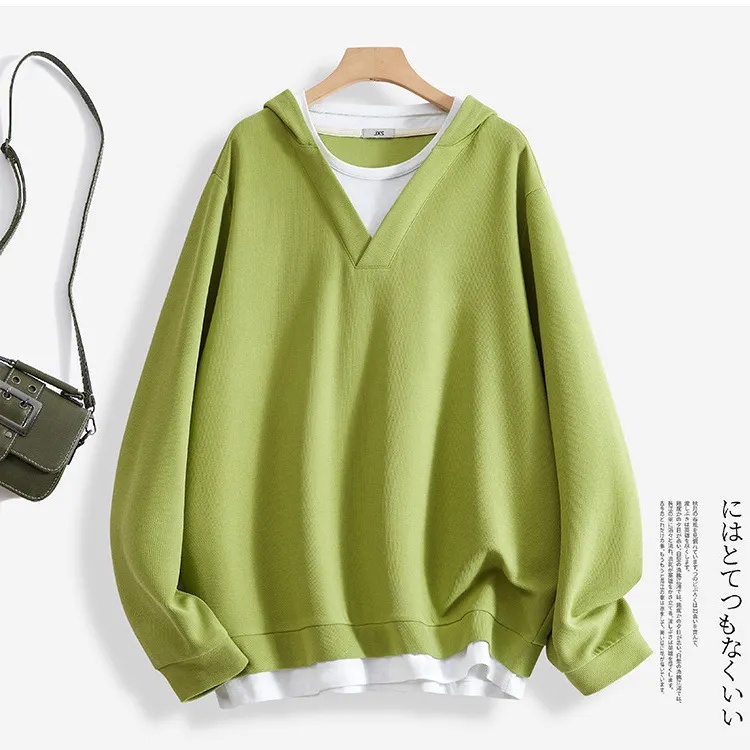 春秋大版型寬鬆遮肉假兩件連帽TEE 中長款百搭長袖