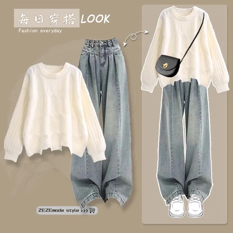 【單品可選】早春秋季溫柔系穿搭 韓版減齡針織上衣+休閒牛仔寬褲兩件套