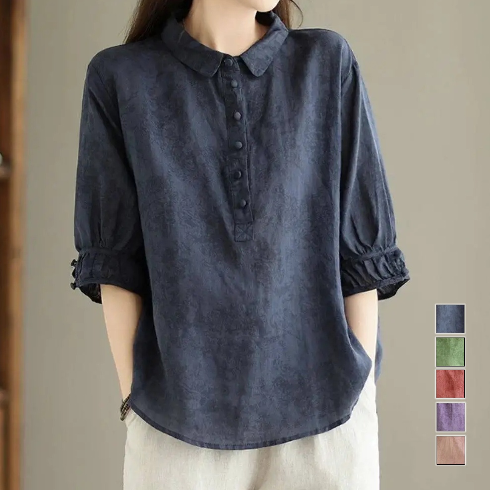 精緻提花翻領棉麻襯衫 復古五分袖顯瘦遮肉薄款上衣