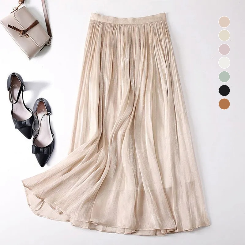 春夏熱賣 雪紡珠光百摺半身裙 顯瘦A字中長裙 親膚透氣垂墜感 實穿百搭洋裝內搭裙