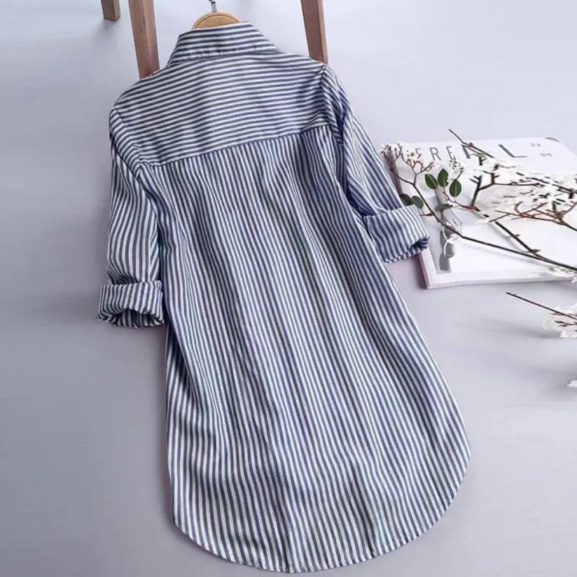 春漾輕旅 法式條紋設計感襯衫 Oversize男友風顯瘦長袖 低領冷氣房穿搭 早春閨蜜野餐藏肉透氣上衣