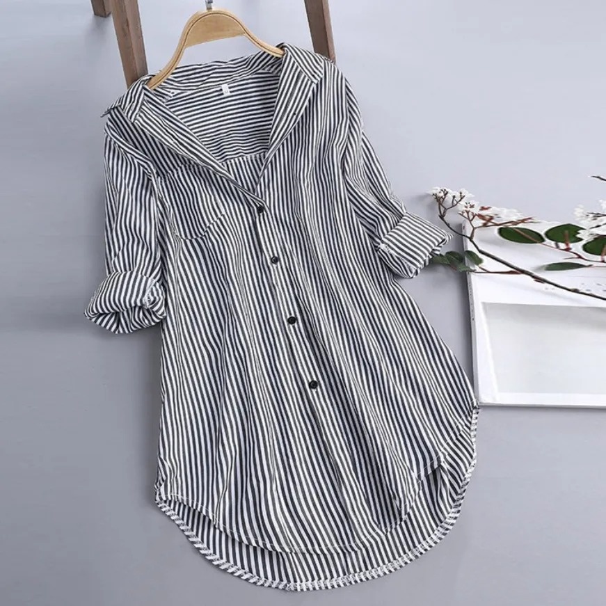 春漾輕旅 法式條紋設計感襯衫 Oversize男友風顯瘦長袖 低領冷氣房穿搭 早春閨蜜野餐藏肉透氣上衣